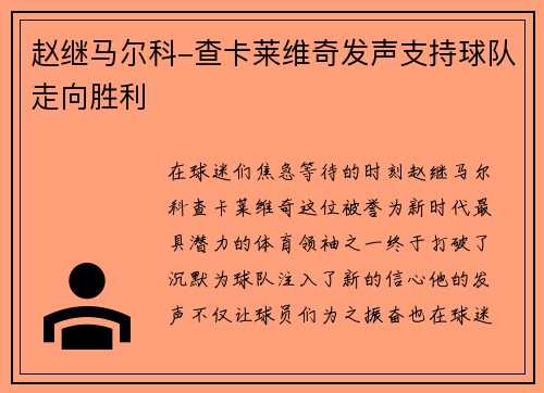 赵继马尔科-查卡莱维奇发声支持球队走向胜利